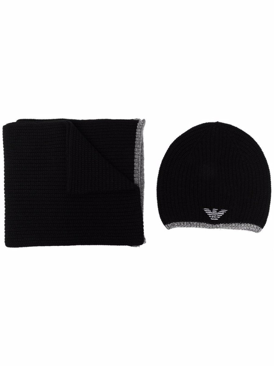 Emporio Armani ribbed knit embroidered logo scarf & beanie set - mondo moda griffe
