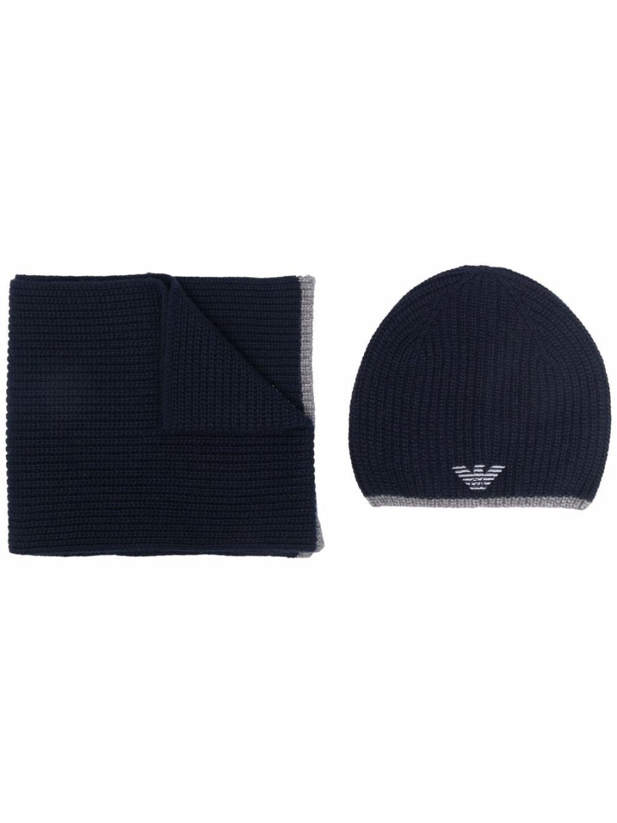 Emporio Armani ribbed knit embroidered logo scarf & beanie set - mondo moda griffe